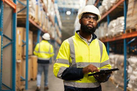 Logistics, warehouse and black man with tablet for checklist, inventory and stock distribution. Male...