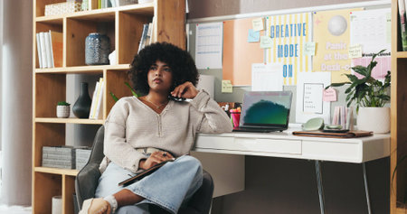 Notebook, thinking and freelancer with woman in home office for research, newsletter innovation and reflection. Blog writer, remote worker and copywriting idea with person and laptop for publishingの写真素材