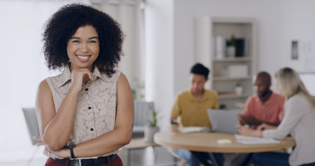 Portrait, creative and woman with smile in office for career pride, about us and real estate. Happy,...
