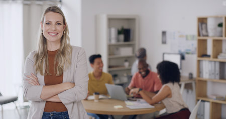 Portrait, smile and creative woman with arms crossed for career pride, about us and real estate. Happy, female person and meeting with ambition, space and project management for interior designerの写真素材