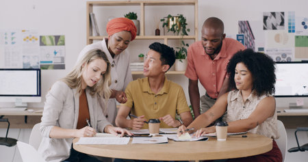 Editorial team, meeting or paperwork in creative agency, article feedback or changes for magazine feature. Publication, people or review content draft for grammar check, tips or ideas on sticky notesの写真素材