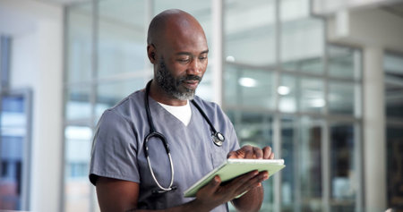 Tablet, surgeon and black man in clinic for medical history, review report or research. Healthcare...