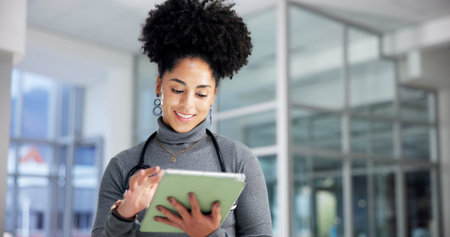Doctor, woman and tablet in hospital for healthcare report, research or insurance information....