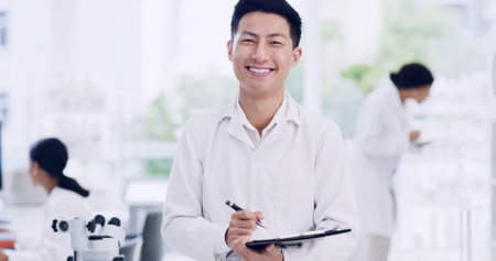 Clipboard, portrait and science with man in laboratory for medical development or research....