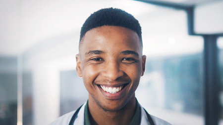 Portrait, doctor and black man in hospital for support, healthcare and wellness. African person,...