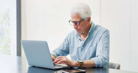 Typing, laptop and research with old man in home for retirement fund, asset management and credit...