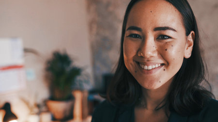 Smile, freelancer and portrait of woman in home office for confidence, hybrid work and startup. Small business, happy and remote worker with person in house for professional, pride and entrepreneurの写真素材