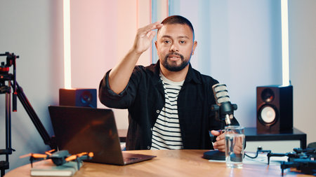 Portrait, man and speaking with mic for podcast, audio broadcast and live recording in studio. Presenter, laptop and hosting talk show with media production, content creator and radio announcementの写真素材