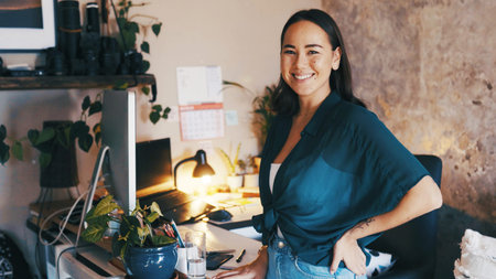 Happy, freelancer and portrait of woman in home office for confidence, hybrid work and startup....