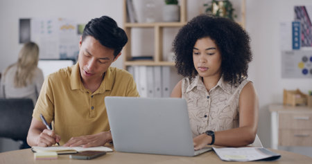Media agency, laptop and people in meeting, teamwork and feedback for news report. Magazine editor, internet and journalists with cooperation and tech for email, editing and proposal for articleの写真素材