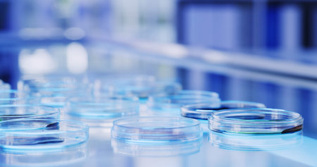 Petri dish, medical samples and science with research, biology and virus with cure. Empty,...
