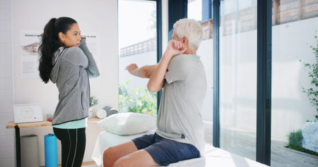 Old man, stretching and physiotherapy with support for fitness, muscle recovery or rehabilitation....