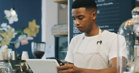 Man, barista and tablet at coffee shop, scroll and phone for checklist, stock or inventory...
