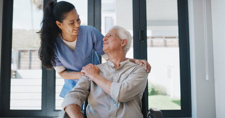 Wheelchair, nurse and elderly man holding hands for care, consulting and medical service....