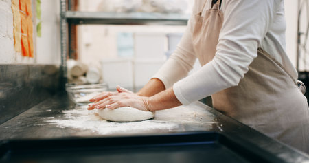 Restaurant, dough and bread with hands of baker in kitchen for store, cooking and mixing flour. Bakery, lunch and kneading with person in cafe for wheat pizza base, coffee shop and culinary processの写真素材