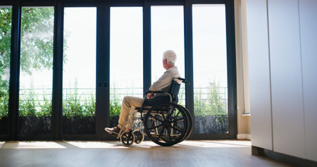 Wheelchair, senior man and thinking at window with memory, reflection and lonely in home. Retirement, mobility aid and back of elderly person with depression for loss, nostalgic view or mental healthの写真素材