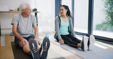 Physiotherapy, yoga and old man in studio with help, checkup and workout in rehabilitation....