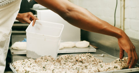 Chef, hands or sunflower seeds in bakery with dough for bread roll, cooking food or restaurant...