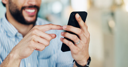 Texting, hands and employee with smartphone, office and communication with contact on break or chat....