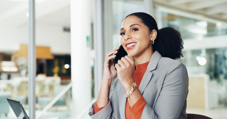 Happy woman, discussion and business with phone call for proposal, negotiation or finance advice....