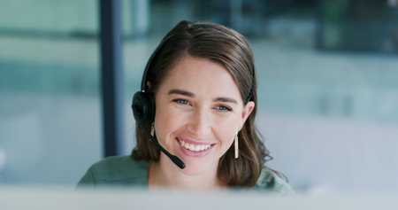 Smile, contact us and woman with computer in call center for help desk, language translation or crm....
