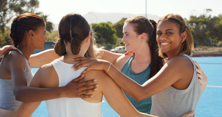 Fitness, huddle and teamwork with women on hockey court together for game, match or solidarity....