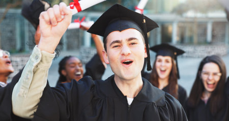 Graduation, diploma and portrait of man in college for achievement, scholarship and degree success....