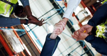 Business people, handshake or logistics with applause for partnership or distribution in storage....