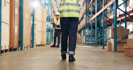 Legs, walk and inspection at warehouse, logistics and shelf with career, storage or back for safety...