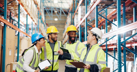 People, team and excited with celebration at warehouse for supply chain, good news or logistics deal. Group, success and happy with wow, export and shipping for inventory management at storage plantの写真素材