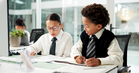 Business, kids and reading with document in office for accounting, finance report and pretend....