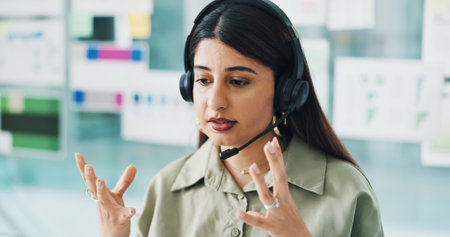 Headset, communication and businesswoman in office for crm, customer service or contact us. Mic,...