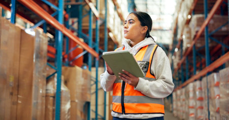 Logistics, thinking and woman with tablet in warehouse, distribution and info for quality assurance....