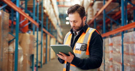 Man, distributor or inspection with tablet in warehouse for inventory checklist or storage...