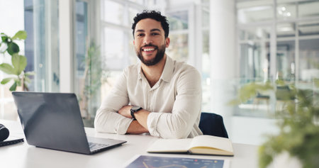Portrait, business and man with smile in office for finance career and stock market agent. Happy,...