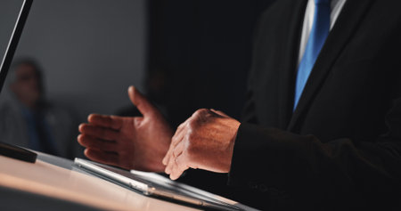 Politics, presentation and hands at podium with tablet, campaign or PR speech for election. Press...