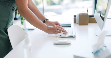 Keyboard, hands and businesswoman in office with typing for research on finance report with budget....