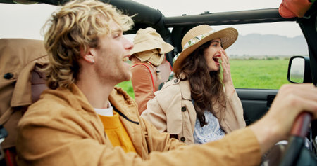 Driving, couple and laughing in car for road trip, travel adventure and funny ride together....
