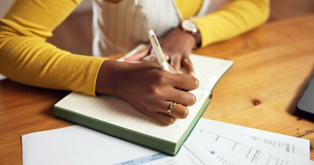 Top view, balance sheet or hands in house with note, budget or review in home asset management....