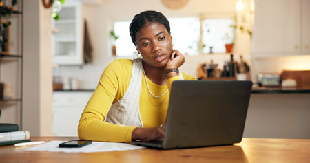 Laptop, remote work and thinking with black woman at desk in home for startup planning or research....