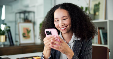 Media agency, cellphone and woman in office, smile or copywriting with communication. Person, news...