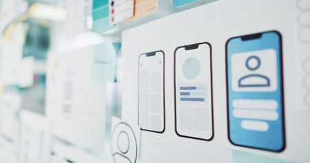 Phone app, wireframes or glass board with sticky note for web design, planning or brainstorming....