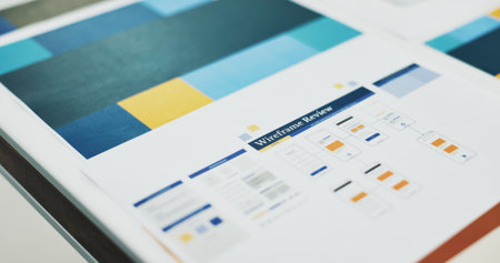 Documents, wireframe chart and review in empty office, startup and ux design with icon at company. Paperwork, graph and connection with flowchart, mobile app ui and development for user experienceの写真素材