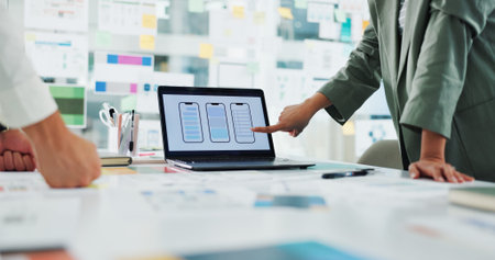 Hands, meeting and ux design on laptop screen, phone or software update, web and digital...