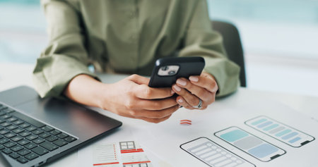 Hands, creative and business woman with phone for mobile app software, website or ui design. Digital...