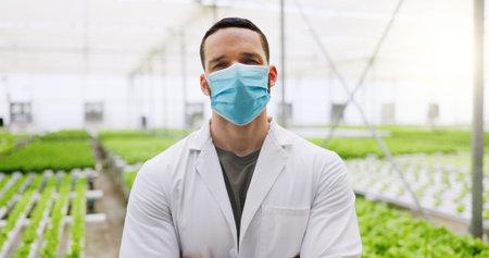 Science, greenhouse and portrait of man with mask for research of plants, gmo crops and produce....