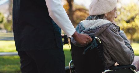 Caregiver, walk or senior woman with wheelchair in park, fresh air or nature for positive mental health. Retirement, nurse or elderly person with disability on outdoor stroll, wellness or supportの写真素材