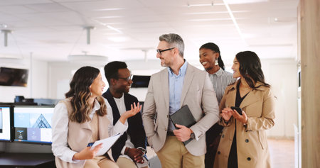 Meeting, law firm and tech in office with smile, confidence and management for group of business people. Collaboration, discussion and lawyer with legal team, employees or agency for advocate supportの写真素材