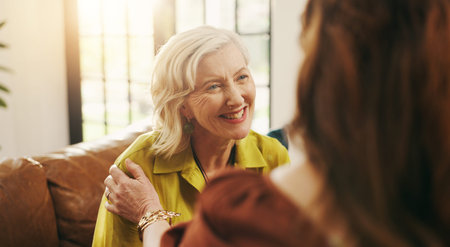 Senior woman, friends and smile with comfort, support or empathy for trust in retirement home....