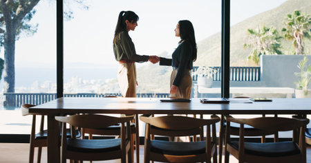 Office, business women and shaking hands for welcome, greeting or introduction. People, handshake or happy workers in meeting for negotiation, b2b deal or thank you for partnership with collaborationの写真素材